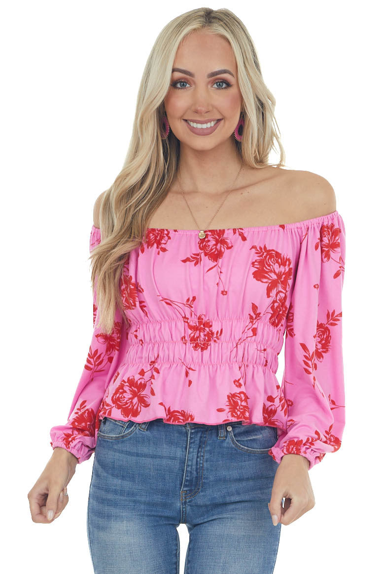 Hot Pink and Red Floral Print Off the Shoulder Knit Top