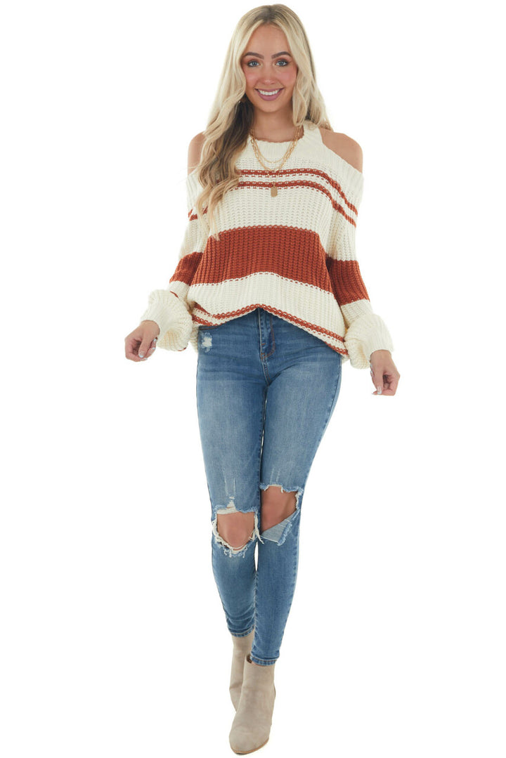 Tawny Striped Cold Shoulder Keyhole Sweater
