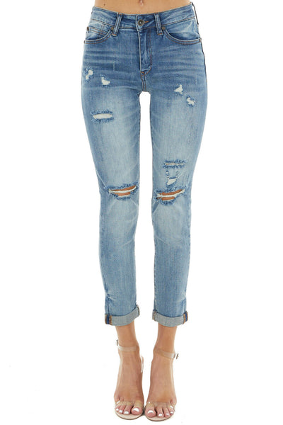 Medium Wash Relax Distressed Mid Rise Skinny Jeans