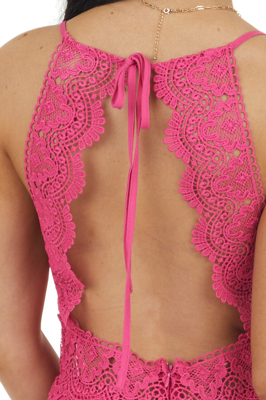 Hot Pink Sleeveless Romper with Lace Peekaboo Waist Detail 