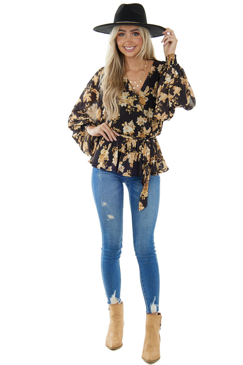 Black Floral Surplice Top With Bubble Sleeves
