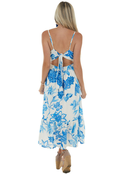 Royal Blue and Ivory Floral Print Midi Dress