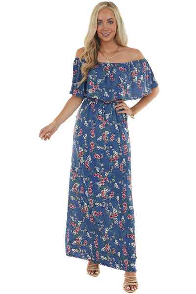 Off the Shoulder Navy Floral Print Maxi Dress