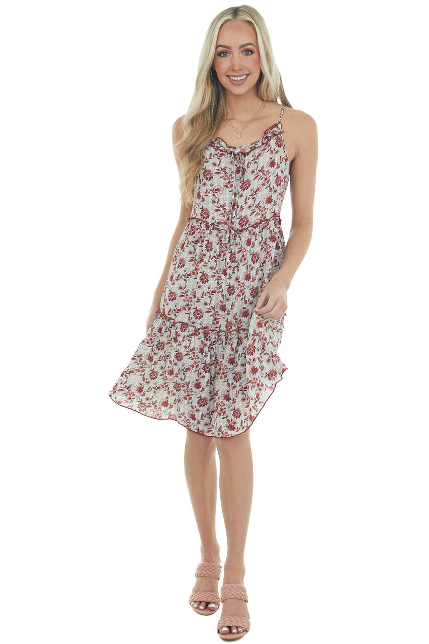 Ivory and Cherry Floral Print Short Dress
