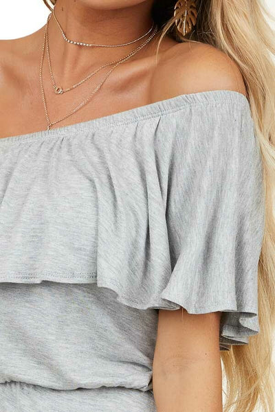 Heather Grey Off Shoulder Romper with Ruffle Overlay Detail