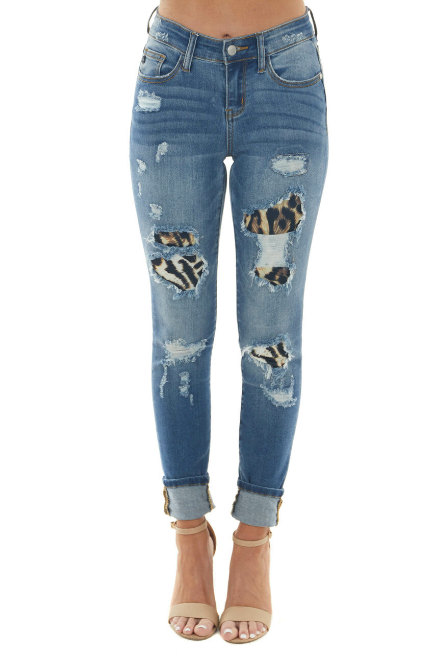 Medium Wash Distressed Skinny Jeans with Leopard Print Patch
