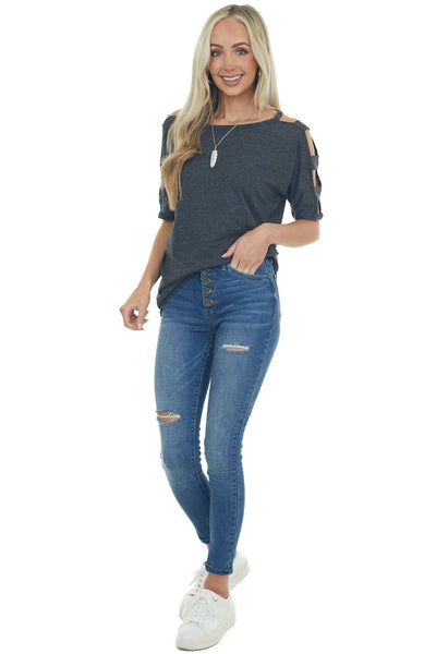 Charcoal Melange Ladder Cut Out Sleeve Tee