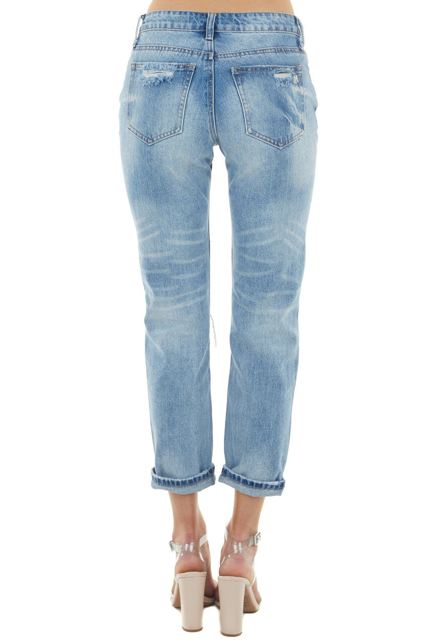 Light Wash Mid Rise Distressed Cuffed Jeans with Relaxed Fit 