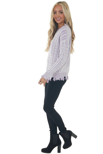 Lilac Cable Knit Distressed Trim Sweater