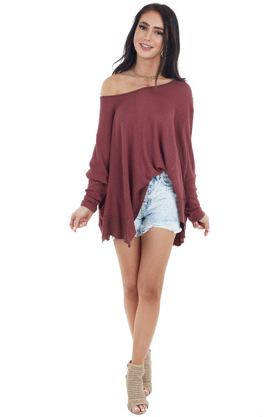 Wine Oversized Thermal Knit Long Sleeve Top 