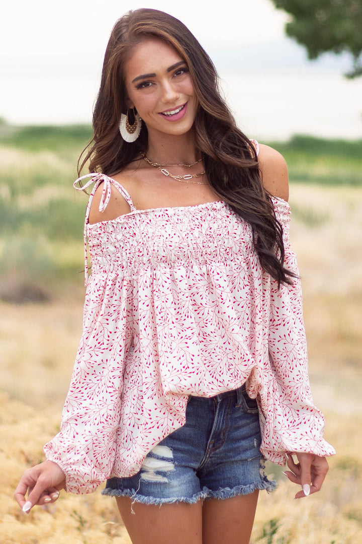 Cherry and Cream Printed Cold Shoulder Top