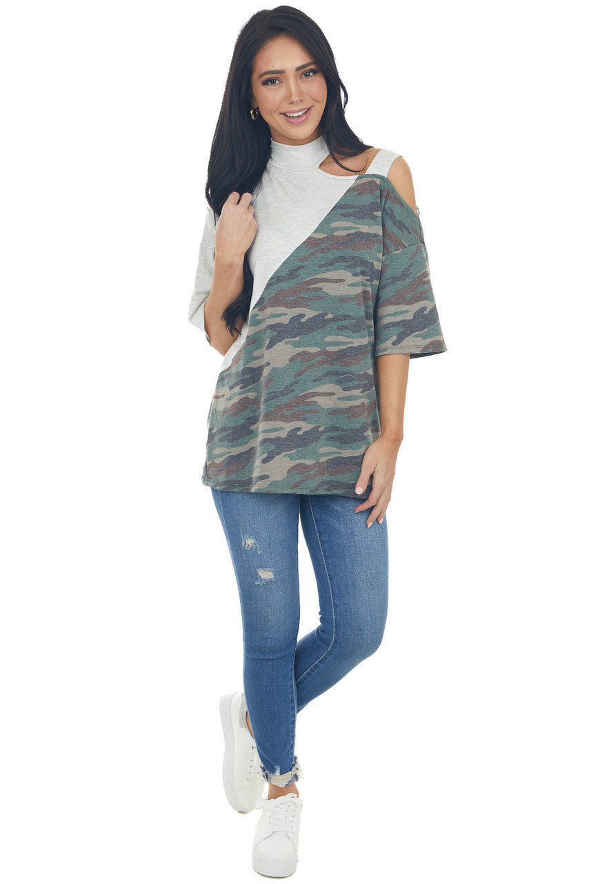 Pewter Grey Cold Shoulder Top with Asymmetrical Camo Print