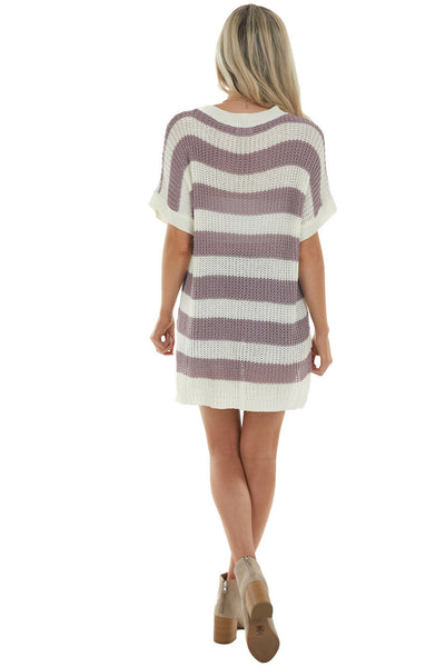 Off White and Mauve Striped Loose Knit Top