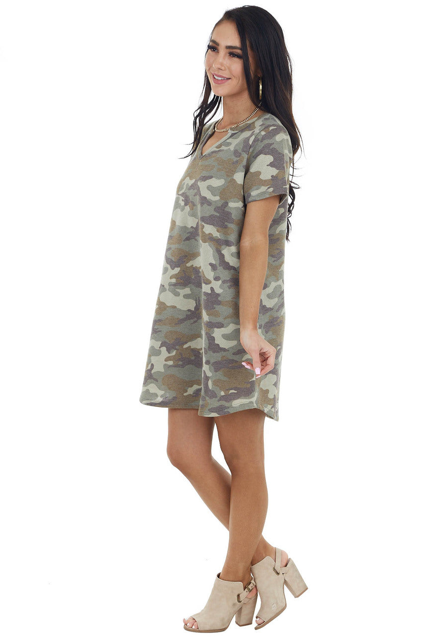 Army Green Camo Print Short Sleeve V Neck Knit Mini Dress