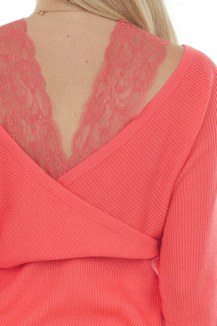 Neon Coral Lace Strap Ribbed Knit Light Sweater 