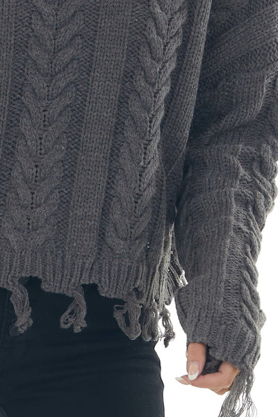 Charcoal Cable Knit Tassel Edge Sweater