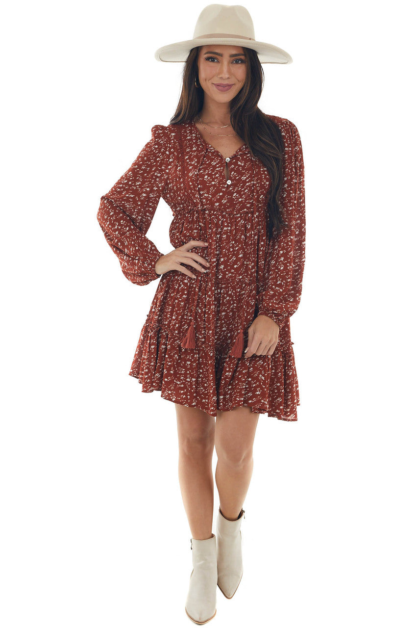 Rust Ditsy Floral Puff Sleeve Tiered Dress