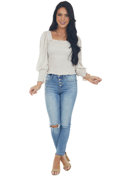 Eggshell Long Bubble Sleeve Smocked Blouse with Tie Detail