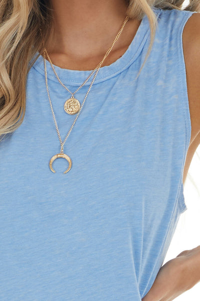Heathered Cornflower Stretchy Knit Tank Top with Raw Hemline 