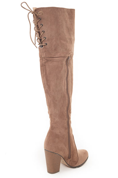 Taupe Over the Knee High Boots with Lace Up Back Detail