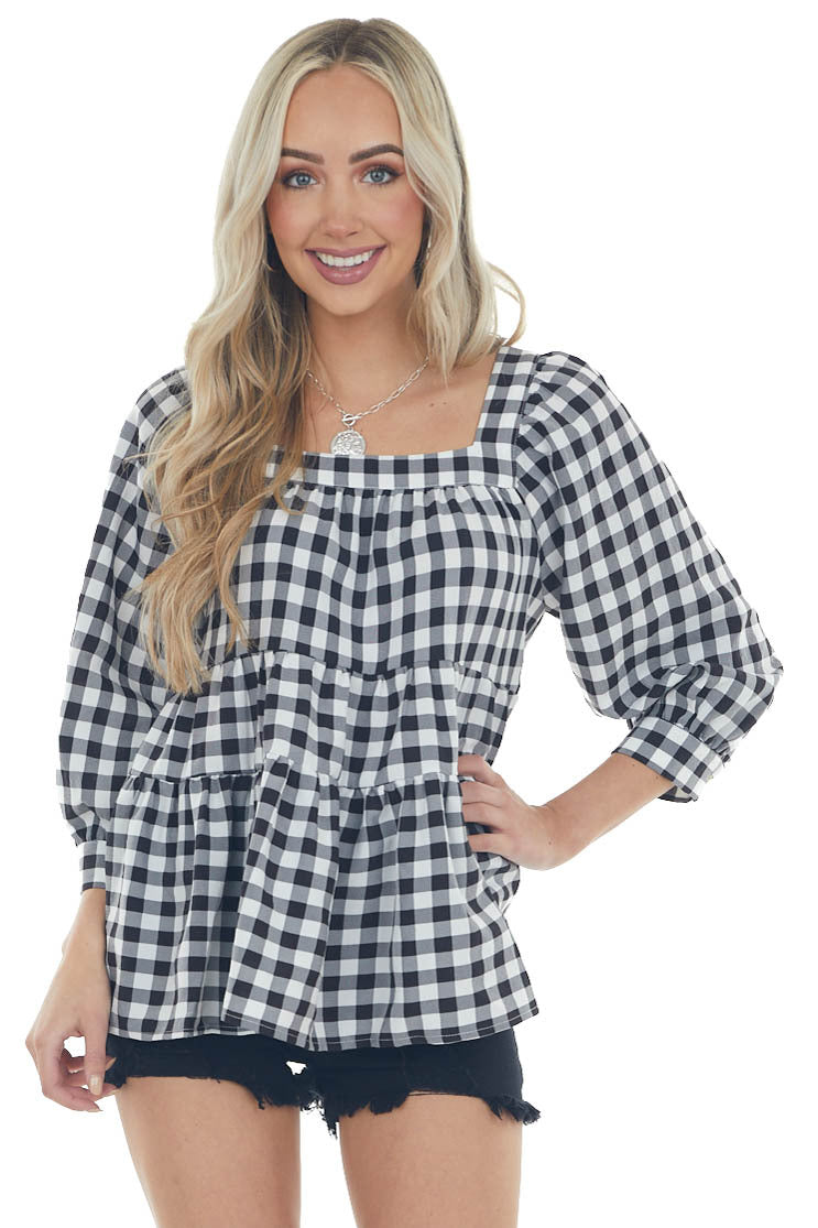 Black and Off White Gingham Print Woven Top
