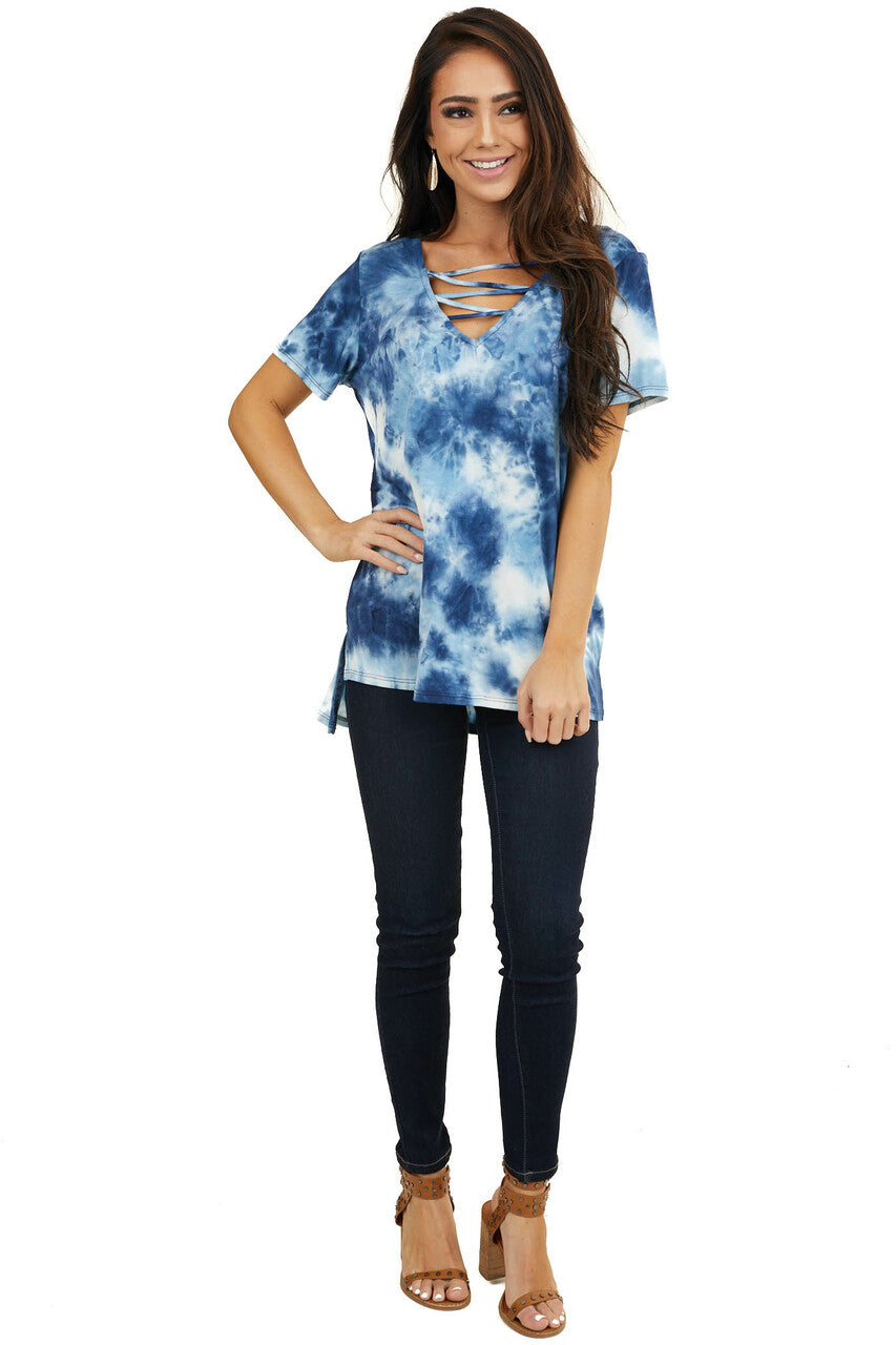 Blue Tie Dye Short Sleeve Knit Top with Cutout Details 
