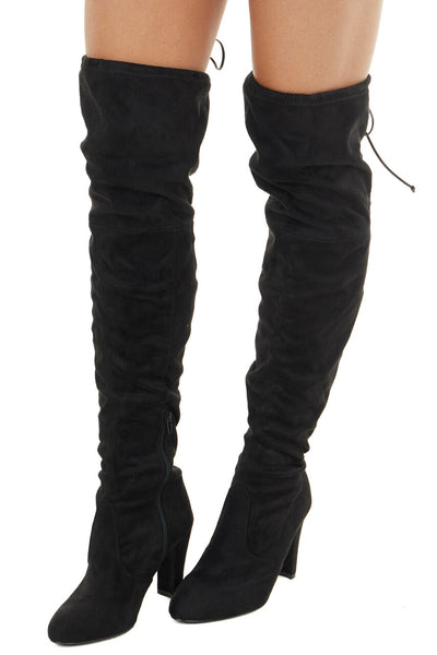 Black Faux Suede Above the Knee High Heel Boots with Tie