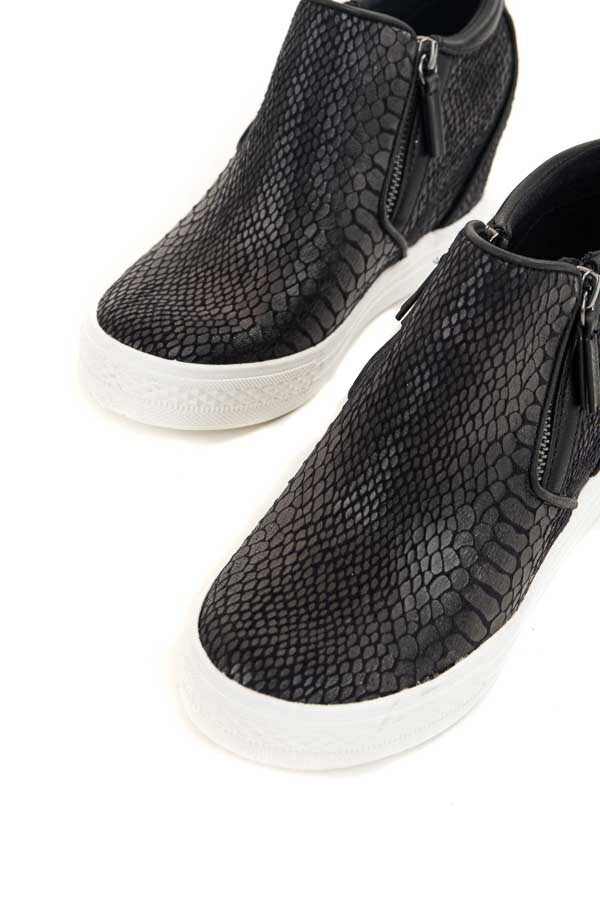 Black Snakeskin Print Textured Wedge Sneaker with Zippers