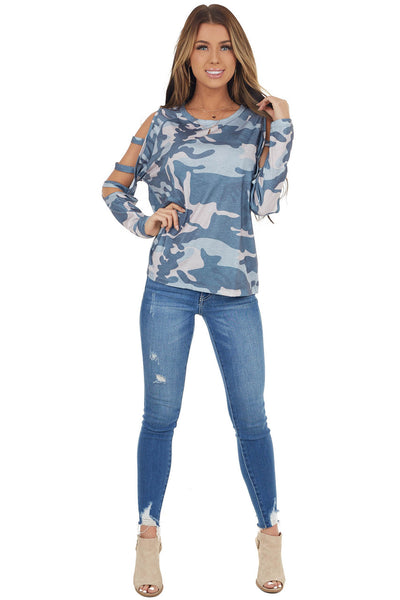 Navy Camo Long Ladder Sleeve Stretchy Knit Top