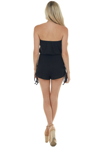 Black Ribbed Ruched Strapless Romper