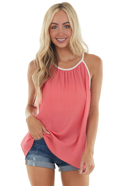 Coral Pleated Halter Neck Tank Top 