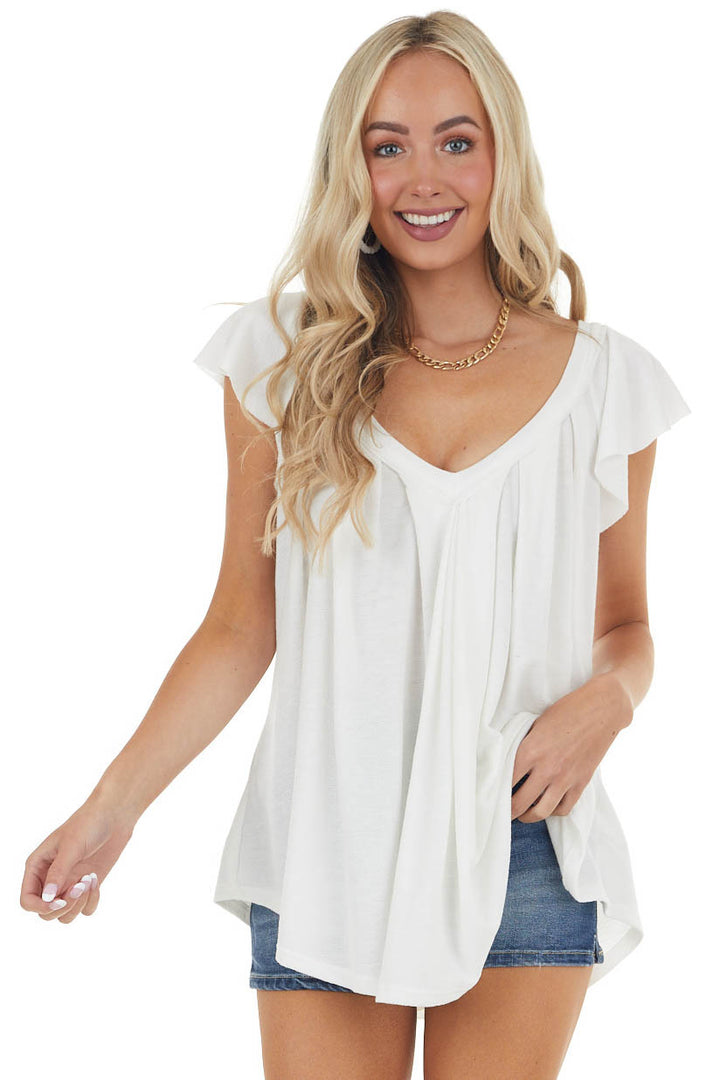 Ivory Pleated Flutter Sleeve Knit Top with V Neck