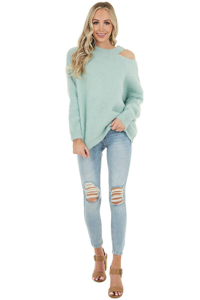 Mint Soft Fuzzy Knit Sweater with Cutout Detail