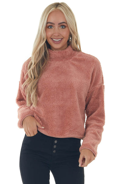 Hazy Pink Soft Faux Fur Mock Neck Crop Top