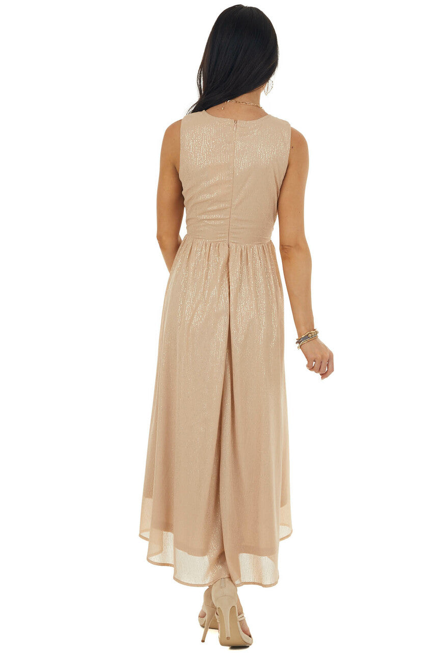 Champagne Glitter Sleeveless Midi Woven Dress with Cut Out