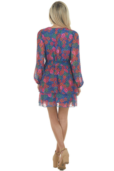 Navy Abstract Floral Swiss Dot Surplice Dress