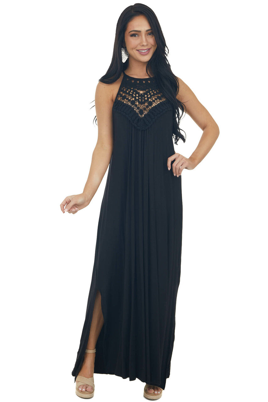 Midnight Black Sleeveless Maxi Dress with Front Lace Detail