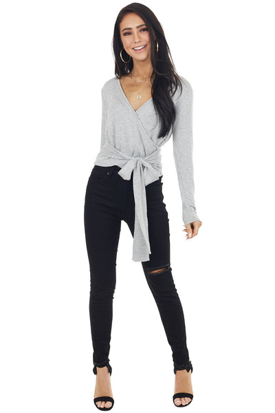 Heathered Grey V Neck Long Sleeve Surplice Top with Wrap