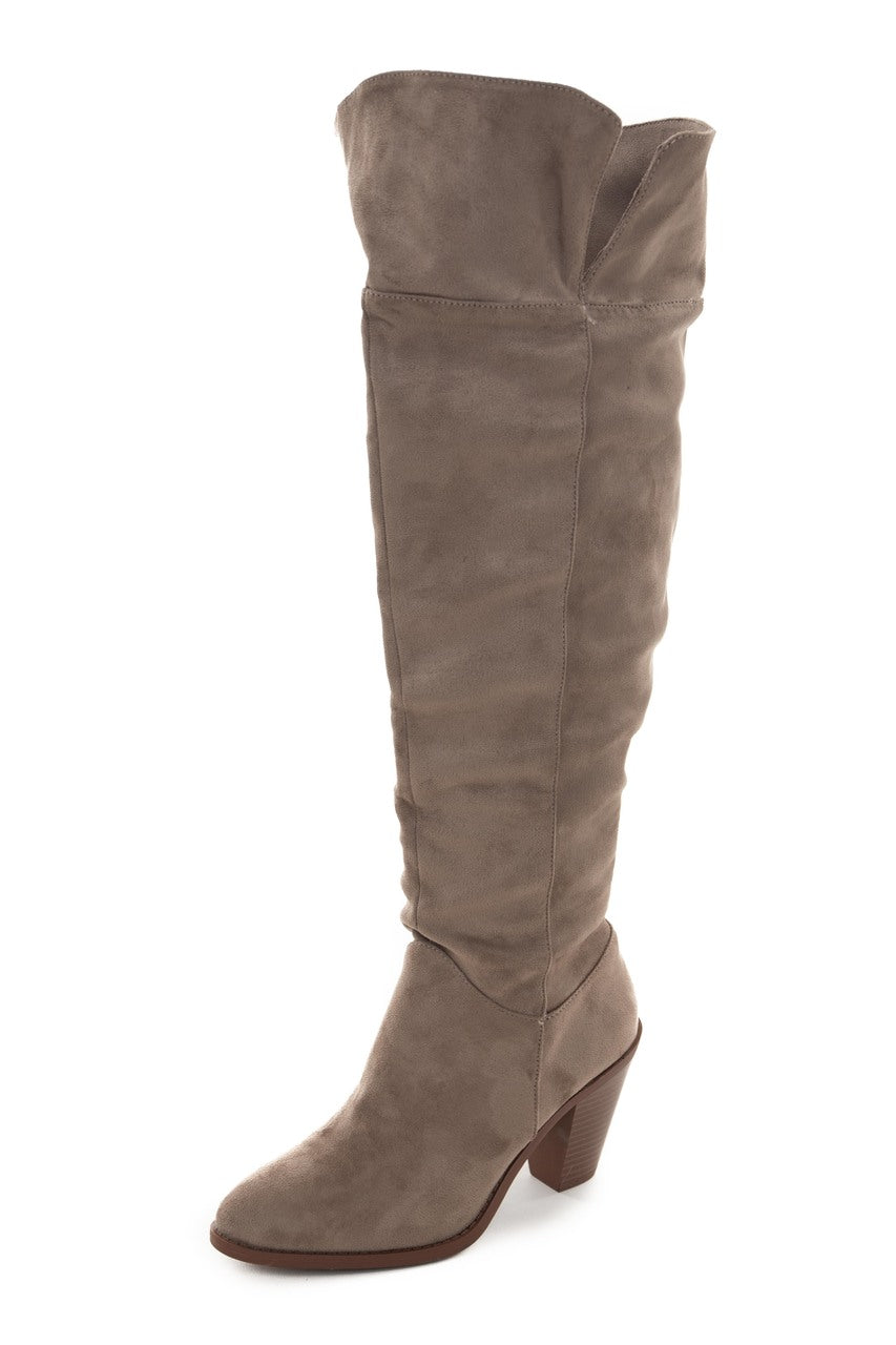 Oatmeal Faux Suede Folded Slouchy Heeled Boots 