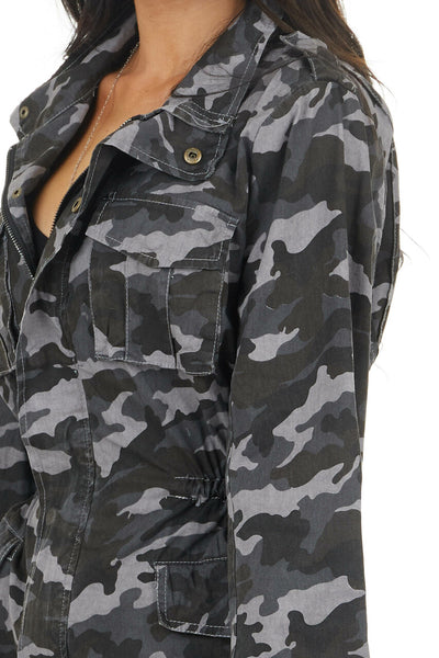 Charcoal Grey Camo Print Cargo Jacket with Pockets
