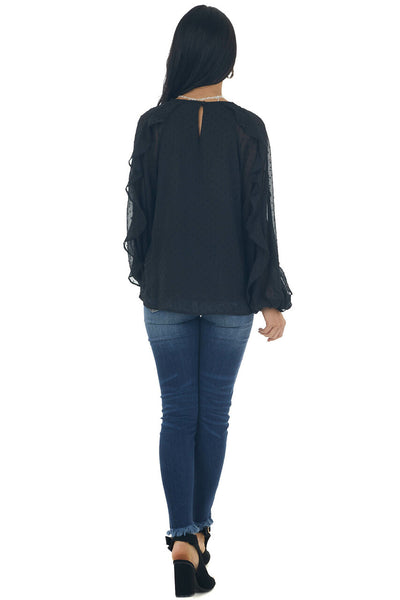 Black Swiss dot Peasant Sleeve Woven Blouse