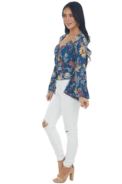 Navy Floral Print Blouse with Long Sleeves