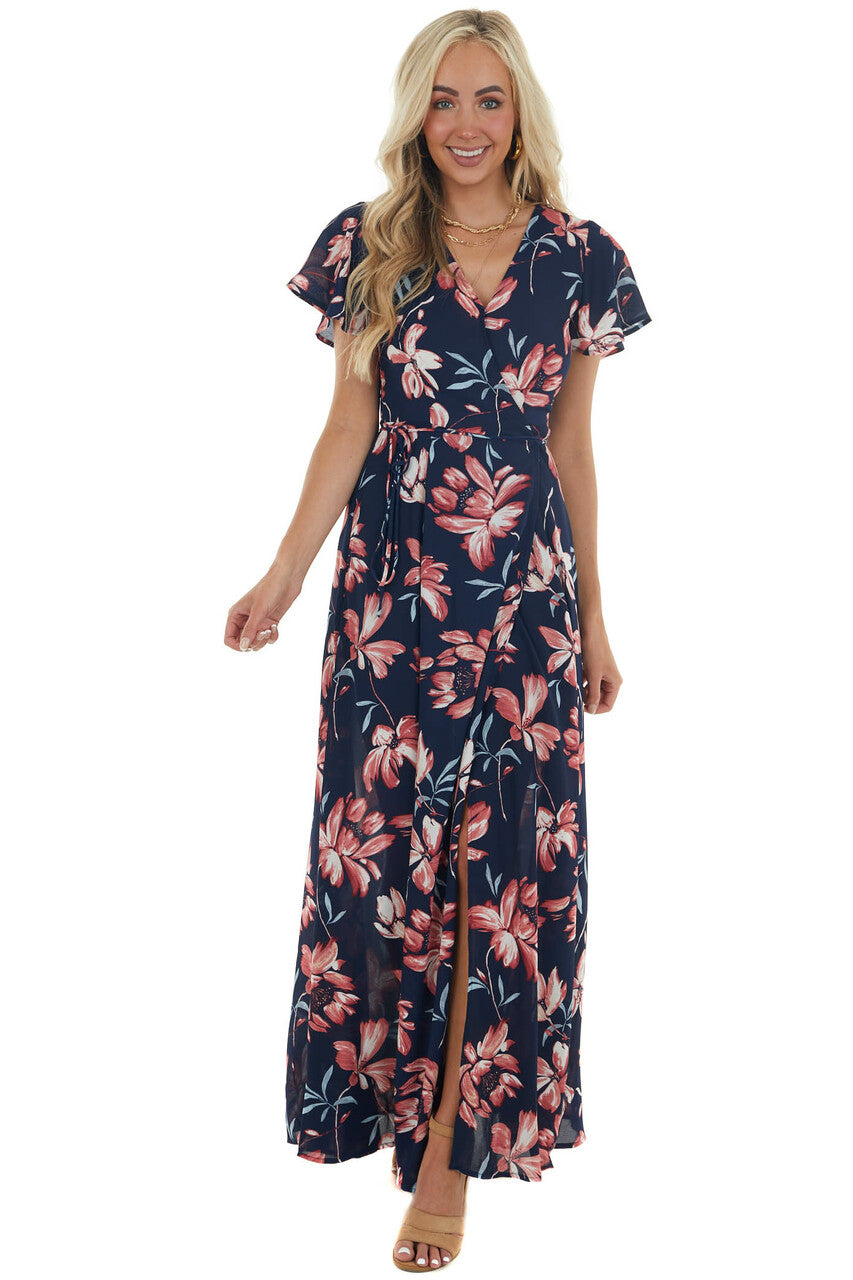 Navy Floral Print Wrap Maxi Dress with Tie & Lime Lush