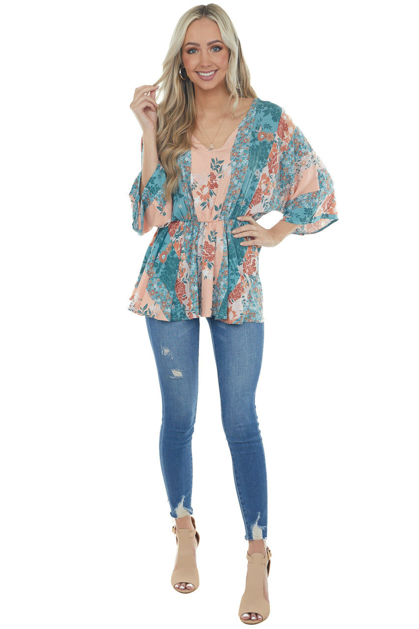 Teal and Peach Floral Multiprint Peplum Top 