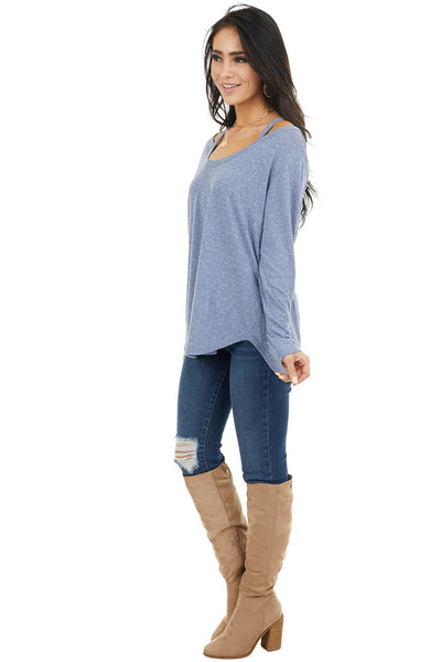 Dusty Blue Shoulder Cutout Long Sleeve Stretchy Knit Top