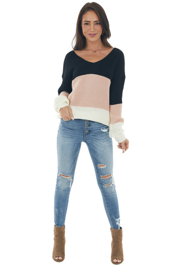 Tea Rose Colorblock Sweater with Twist Back 