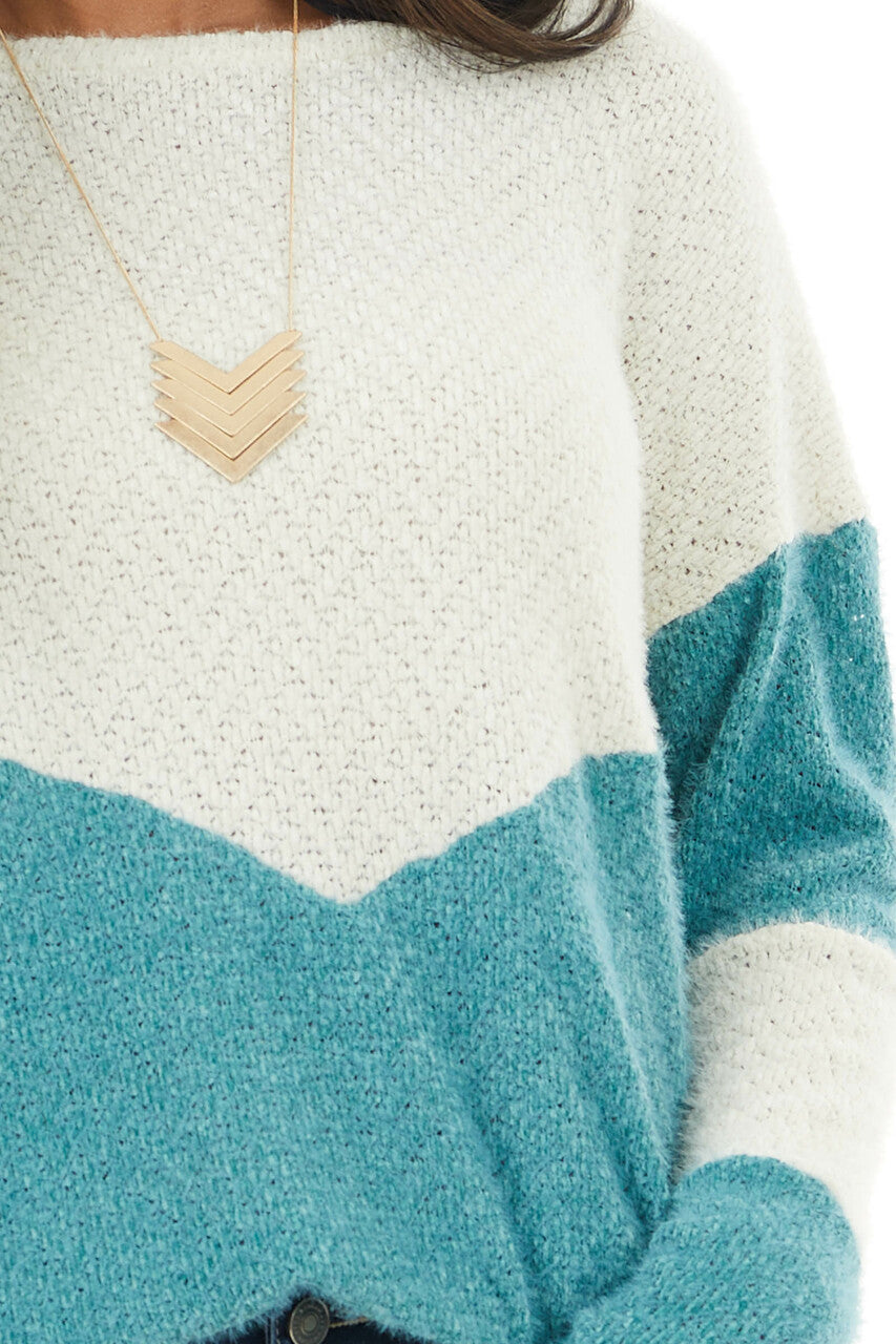 Teal and Cream Colorblock Sweater with Loose Knit Detail