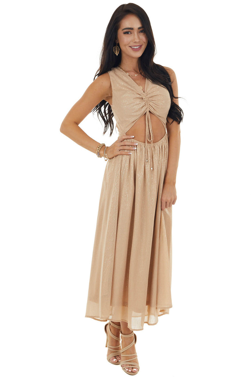 Champagne Glitter Sleeveless Midi Woven Dress with Cut Out