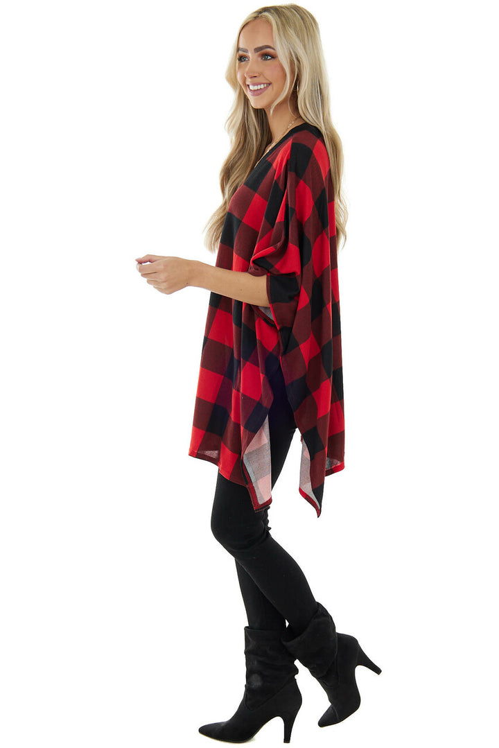 Pomegranate Buffalo Plaid V Neck Poncho Top 