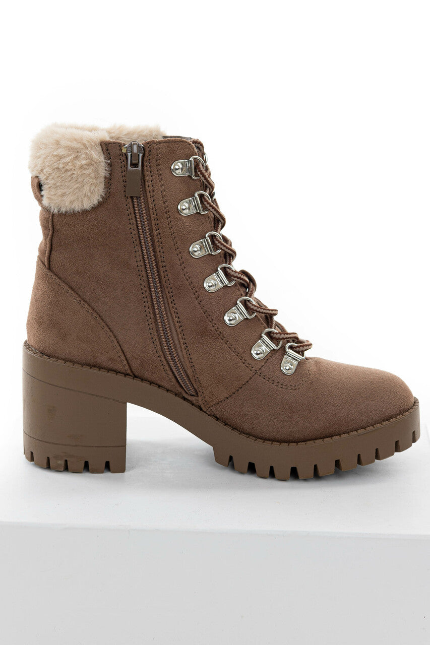 Taupe Faux Suede Lace Up Heeled Lug Booties